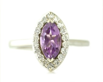 14K Marquise Amethyst Engagement Ring Diamond Halo Amethyst Ring Custom Bridal Jewelry Diamond Halo