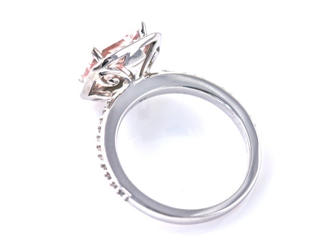14K Princess Morganite Diamond Engagement Ring Morganite Ring Diamond Halo Custom Bridal Jewelry