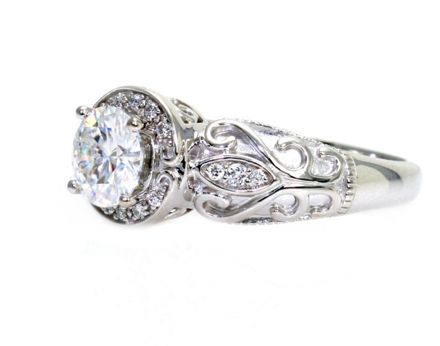 14K Vintage Moissanite Engagement Ring Diamond Halo Moissanite Ring Custom Art Nouveau Bridal Jewelry