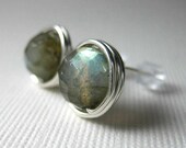 Labradorite Stud Earrings 8mm Faceted Wire Wrapped Sterling Silver --Simply Studs - holmescraft