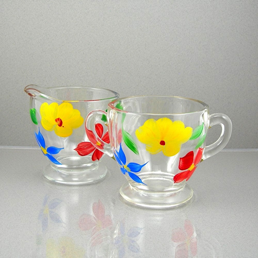Gay Fad Cream & Sugar by Hazel Atlas Vintage 1950s Collectible Kitchen Glass Colorful Flowers