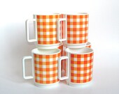 Deka Stacking Plastic Cups or Mugs in Orange and White Gingham Vintage Picnic Cups, Camper Cups, Poolside Cups Set of 6 1970s
