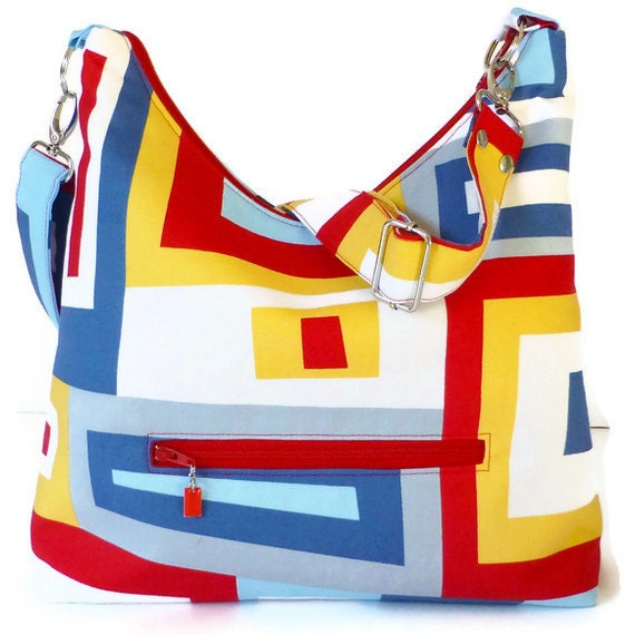 Red Blue White Yellow Zippered Closure Crossbody Purse, Adjustable Strap Flat Bottom Slouchy Bag - Wonky Windows