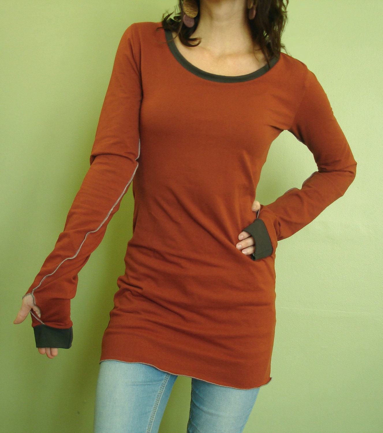 tunic top/extra long sleeves w/ thumb holes Rust Orange/Cement Grey