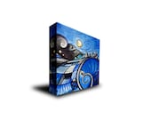12x12 Print of a Modern Landscape in Midnight Blue with a Whimsical House Looking at a City