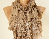 Fabric Knitting - Winter Scarf - Beige  Scarf - Shawl Scarf -  Ruffle scarf, Cowl, Beige