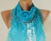 SALE - Lace Scarf, SEA Blue...Cotton Scarf..Chunky Scarf, Headband, Flower Lace
