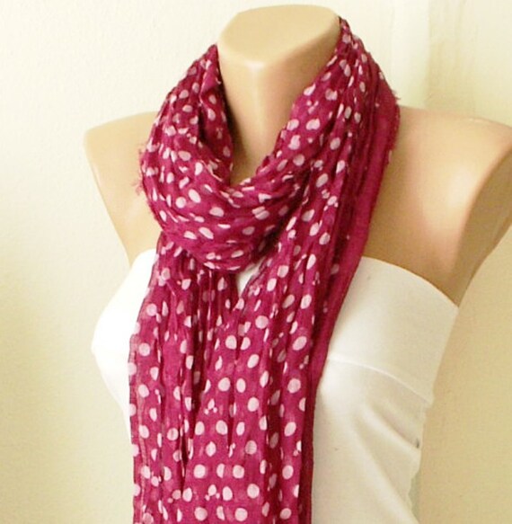 Dotted Mouse Cotton Scarf, Wine Red, Spring Scarf