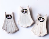 Handmade Clay Ghost Cat Brooch Halloween Folk Art