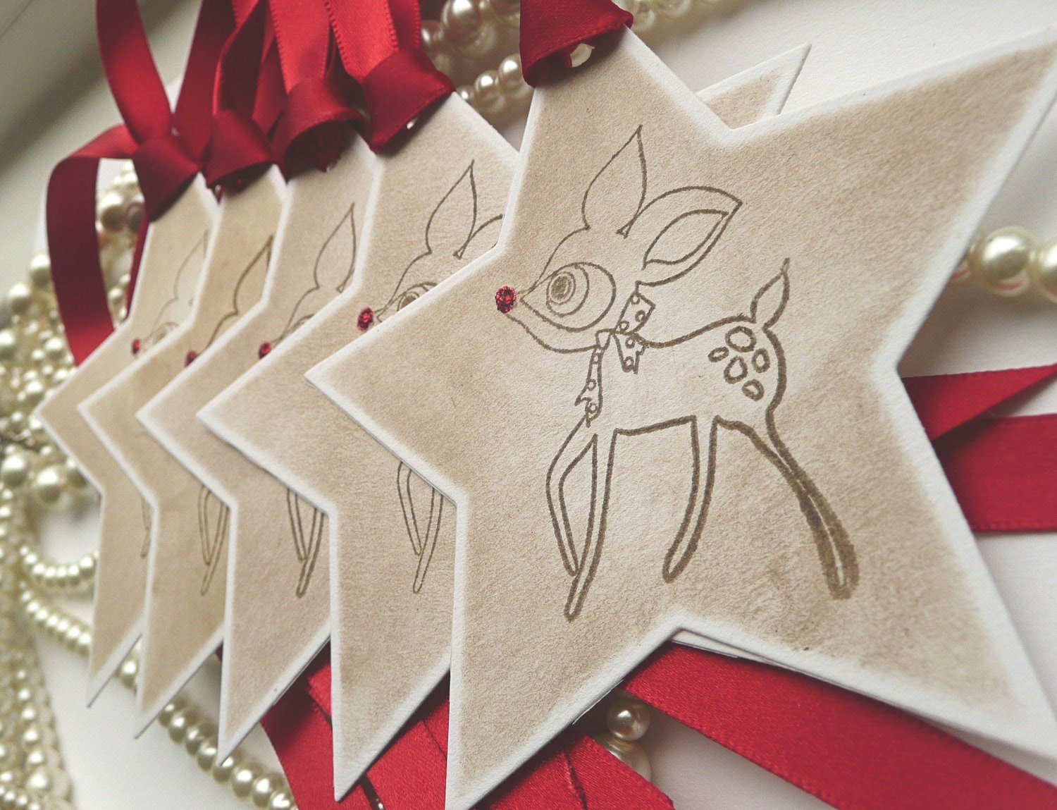 Christmas Reindeer Star Gift Tags - Pure Luxury in a Vintage Style Tag - Set of 5 - Red Glitter Nose and Bright Red Ribbon
