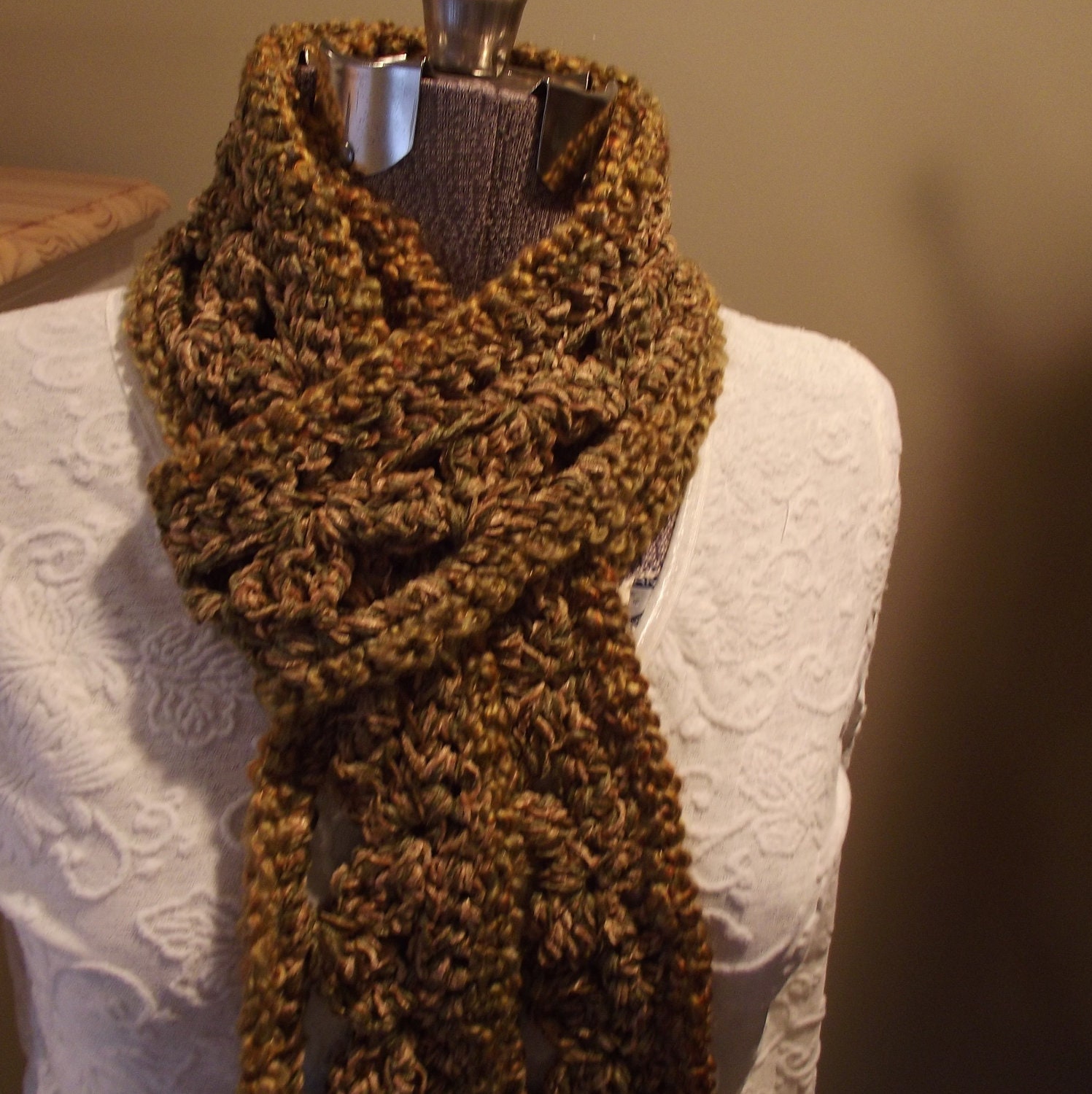 Crochet Amber Scarf, Hand Crafted, Long Skinny Fashion,  Browns Amber Autumn Color