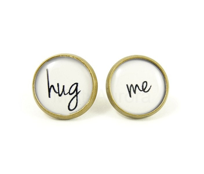 Hug Me Earrings  - Black White Posts - Bronze Earrings - Romantic Jewelry - Free Shipping Etsy - MistyAurora