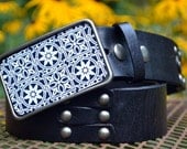 The Berit Belt - Black and White Italian Tile Patterned Buckle w/ Black Leather Belt