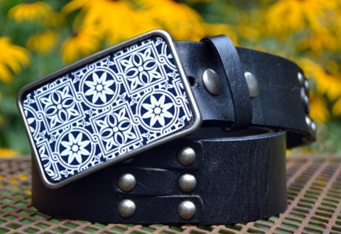 The Berit Belt - Black and White Italian Tile Patterned Buckle w/ Black Leather Belt