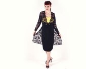 60s Dress - Black and Yellow Wiggle with Lace Jacket - Medium