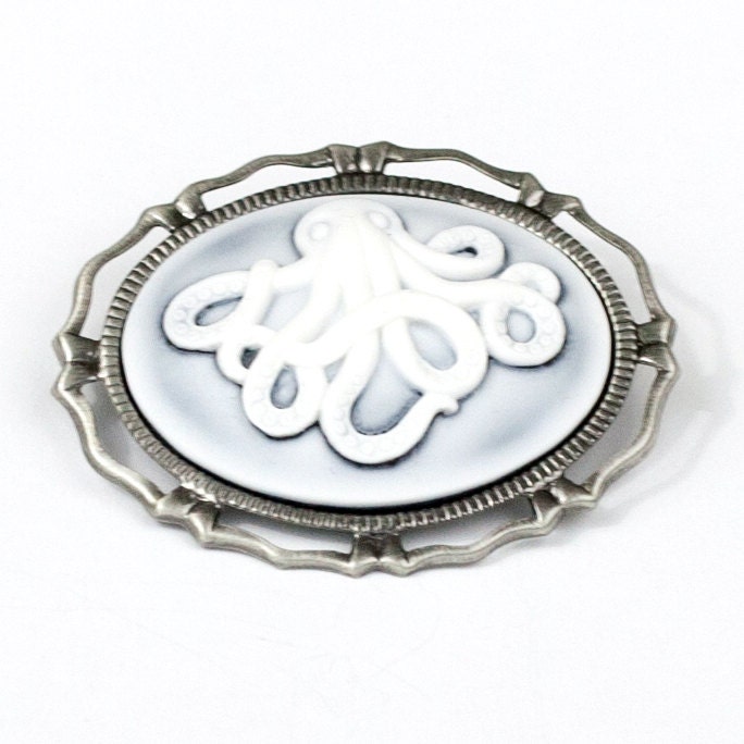 Steampunk Ghostly Octopus Cthulhu Tentacle White and Pale Blue Cameo Brooch Pin with Antiqued Silver Frame by Velvet Mechanism