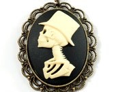 Spooky Gothic Steampunk Gentleman Skeleton with Top Hat Cameo Necklace with Brass Filigree Setting and Vintage Chain by Velvet Mechanism