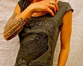 Asphalt Grey Capsleeve Raven Bird Tshirt Sheer Jersey Cotton Sizes Sm, M, L, XL