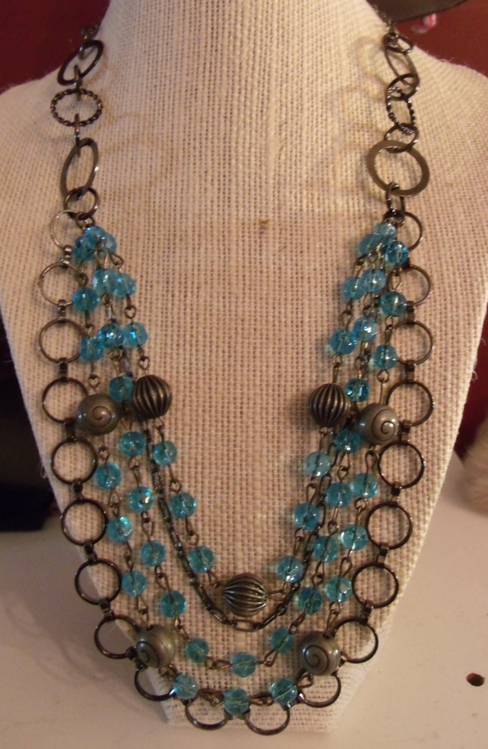 Gunmetal Necklace with Lovely Turquoise Faceted Beads Multi-strand