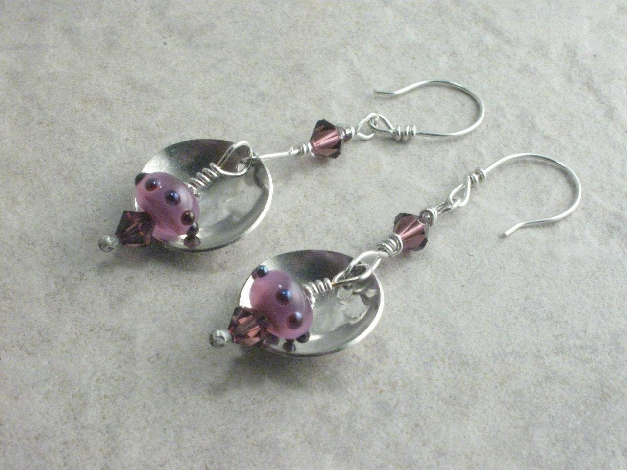 Long Sterling Silver And Purple Lampwork Earrings