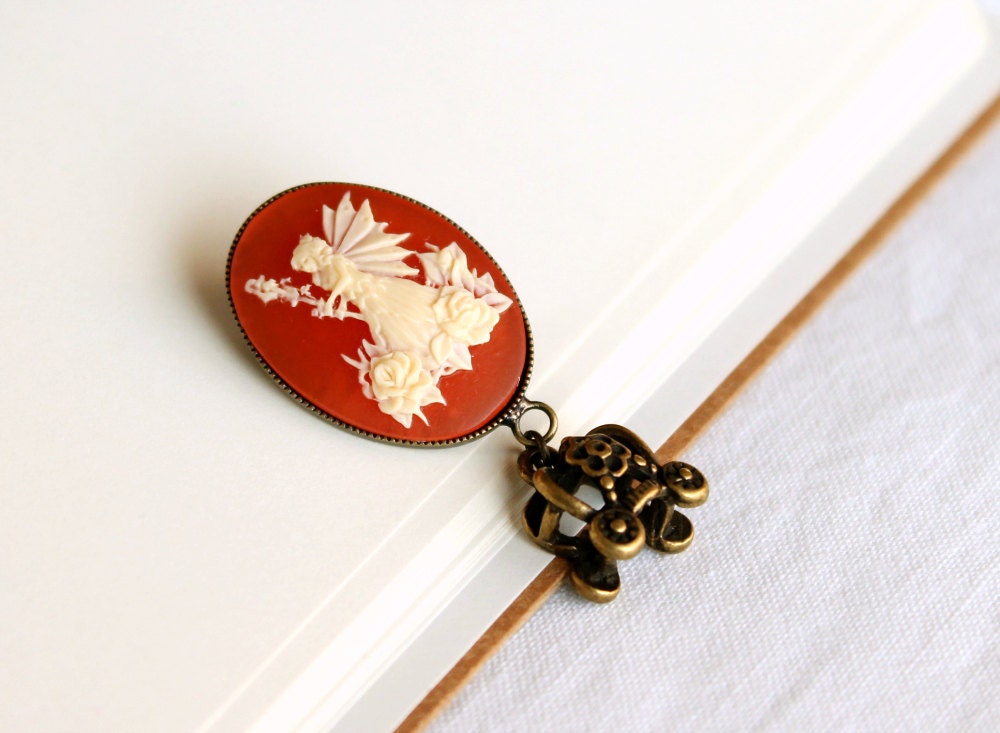Fairytale Cameo brooch, cream white and rust brown, victorian jewelry, fairy jewelry, shabby