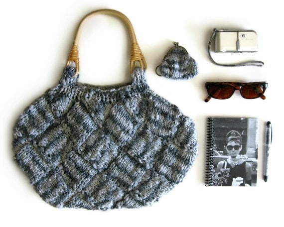 Handbag Knitted in Variegated Gray Cotton with Rattan Handles