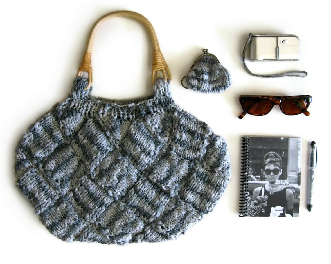 Handbag Knitted in Variegated Gray Cotton with Rattan Handles