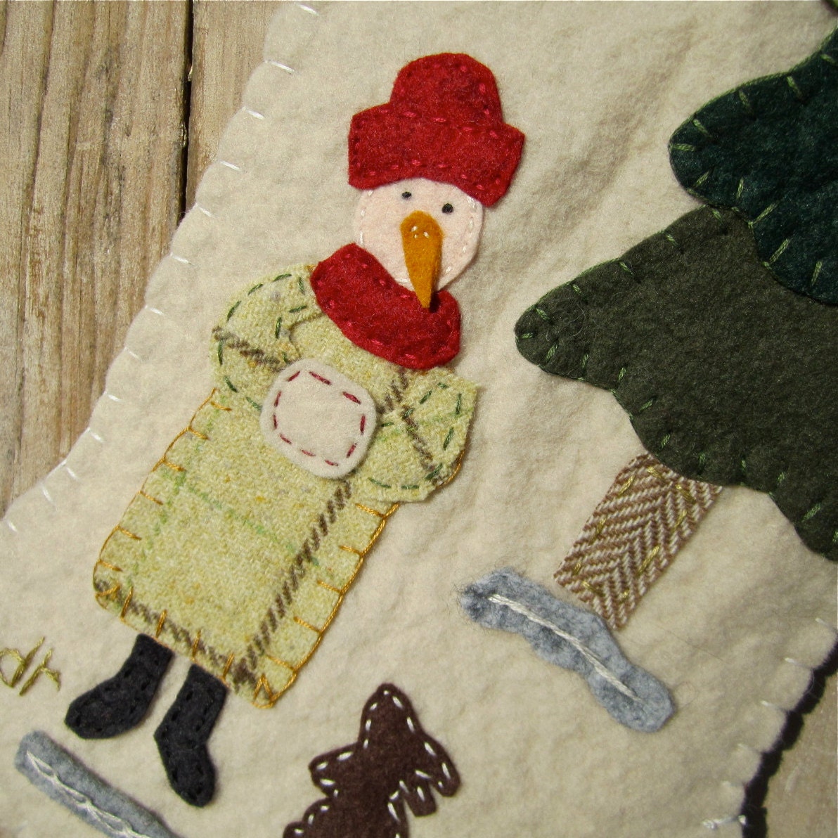Santa Claus and The Snowman Primitive Christmas Stocking