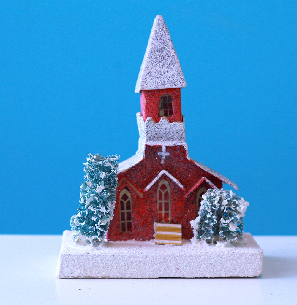 vintage big red PUTZ church - 40s 50s - made in Japan - cardboard church with steeple