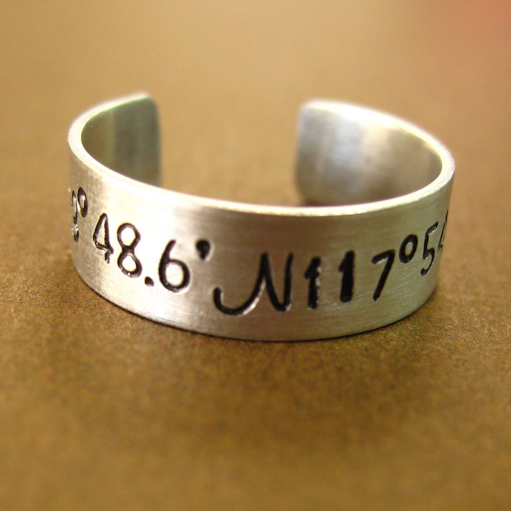Personalized Latitude and Longitude Ring in Sterling Silver - Adjustable ring