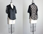 Black Lace Blouse 1990s Vintage Black Sheer Floral Lace Oversize Slouchy Button Up Blouse