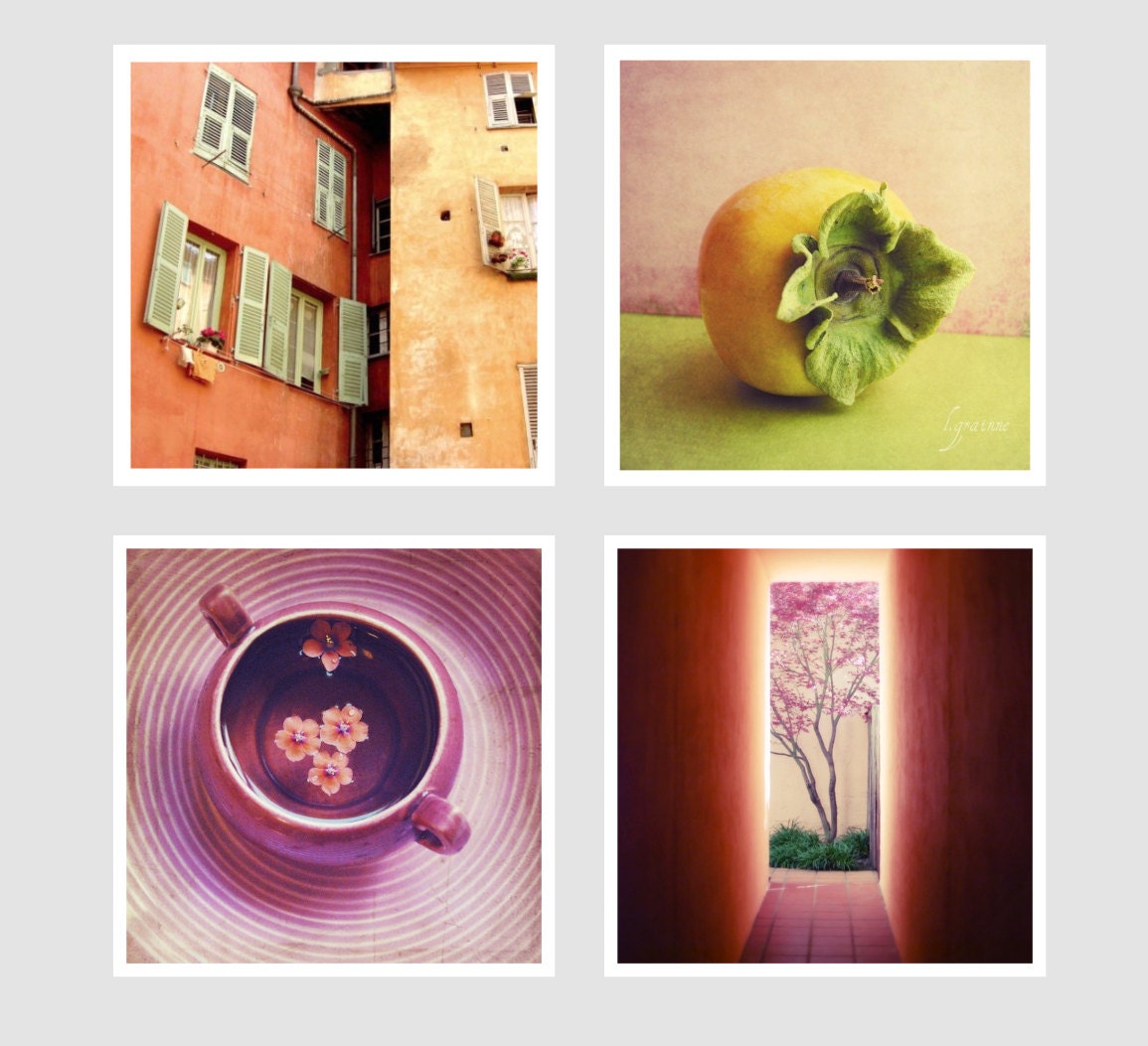 SALE  Photography Print Set - Fine Art - Pink Orange wall art colorful honeysuckle fruit flowers kitchen home decor 5x5 Photo Set of four