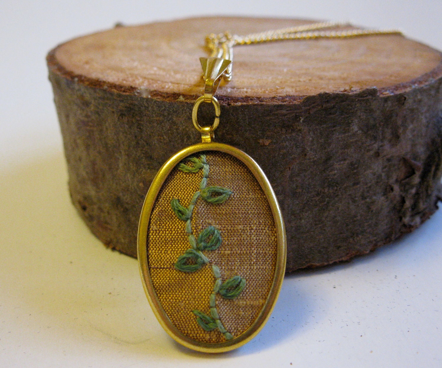 Vine Pendant Embroidered Green Vineon Gold Silk