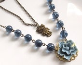 Midnight Owl - A set of 2 necklaces. Grey Sakura blossom. Nature Woodlands Owl pendant. Blue glass beads Necklaces