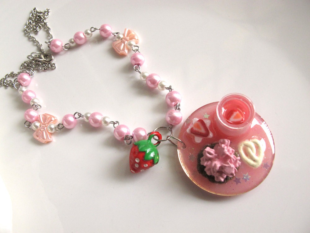 Reserved Pink Strawberry desserts with White chocolate cookie. Sweet desserts Food Miniature Pink glittery pendant Necklace
