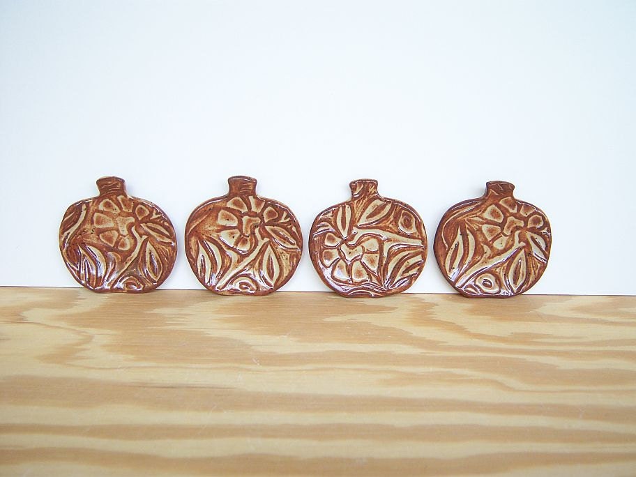 Stamped Ceramic Pumpkin Trinket Dishes in Shino Glaze - Set of 4
