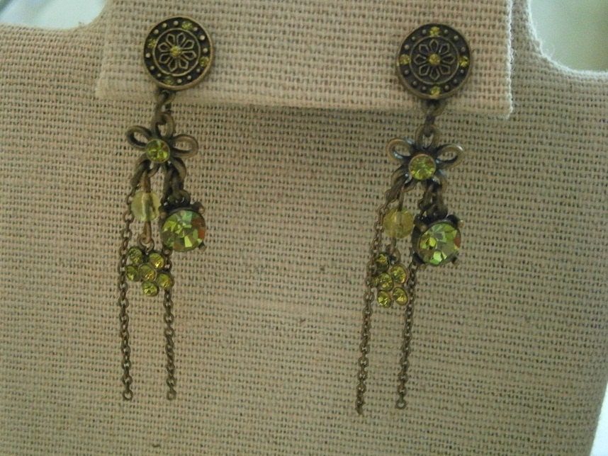 Vtg. Bohemian Green Rhinestone Earrings