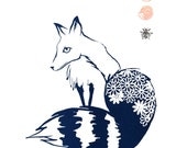 Blue Kitsune fox screenprint