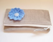 Toiletries bag, square zipper pouch, grey corduroy with blue crochet flower embellishment