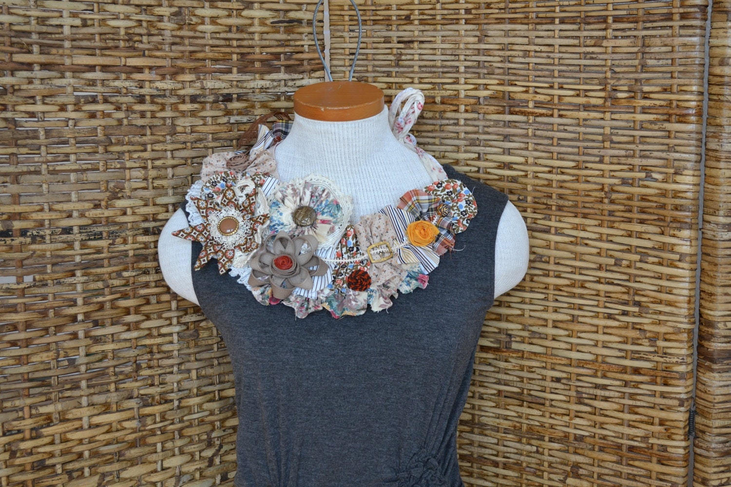 Vintage Fabric Bib Necklace Victorian Floral Bold Statement Neutral Brown