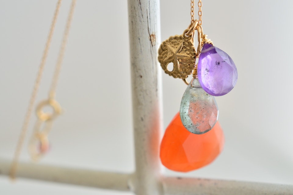 Orange Carnelian Moss Aquamarine & Amethyst Cluster Gold Sand Dollar Necklace