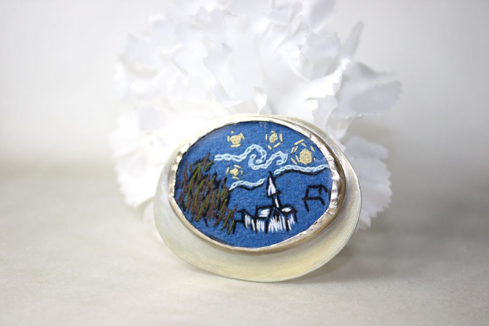 Sterling Silver Textile Brooch Starry Night Hand Embroidery