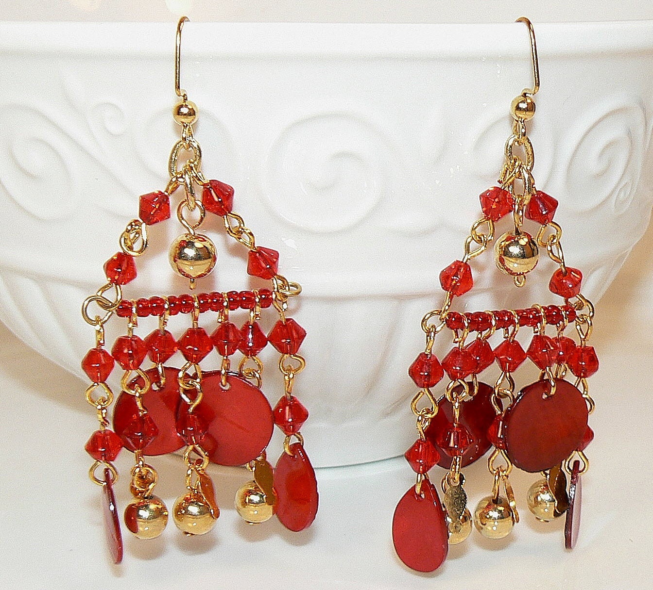 Red Chandelier Earrings, Red Shell Dangles, Gold And Red Earrings, Gold Dangle Earrings, Statement Earrings, Exotic Arabian Beauty