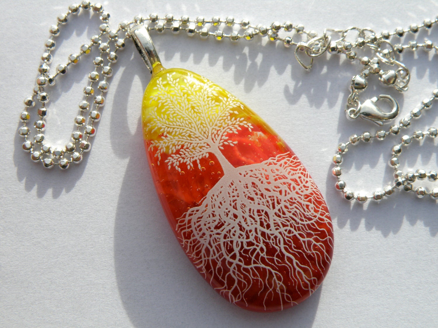 Beautiful Tree and Sunset Glass Necklace - Tree of Life White Silhouette on Teardrop Glass Pendant with FREE Silver Chain
