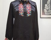 Vintage 1960s 70s Black Satin Top with Colorful Embroidery