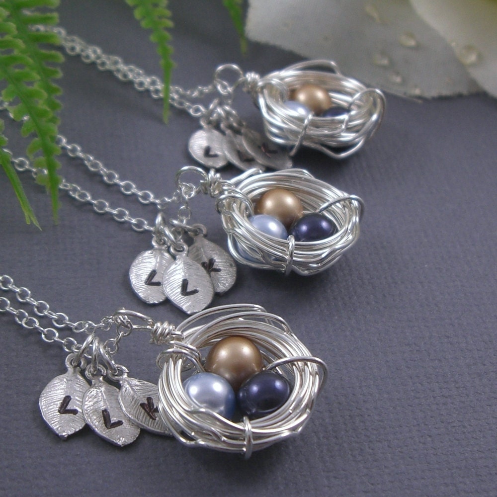 Set of 3 - 3 sweet eggs in a bird nest personalized hand stamped initial necklace for brides, friends, sisters and mothers