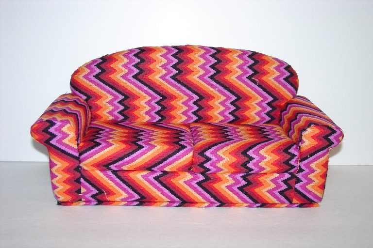 Barbie Doll Sofa, Zig Zag,  Orange , Lavender, Rust, Yellow, Black - Handmade