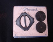 Vintage 1950s Black Belt Deco Buckle and Matching Buttons on Card Bluebird