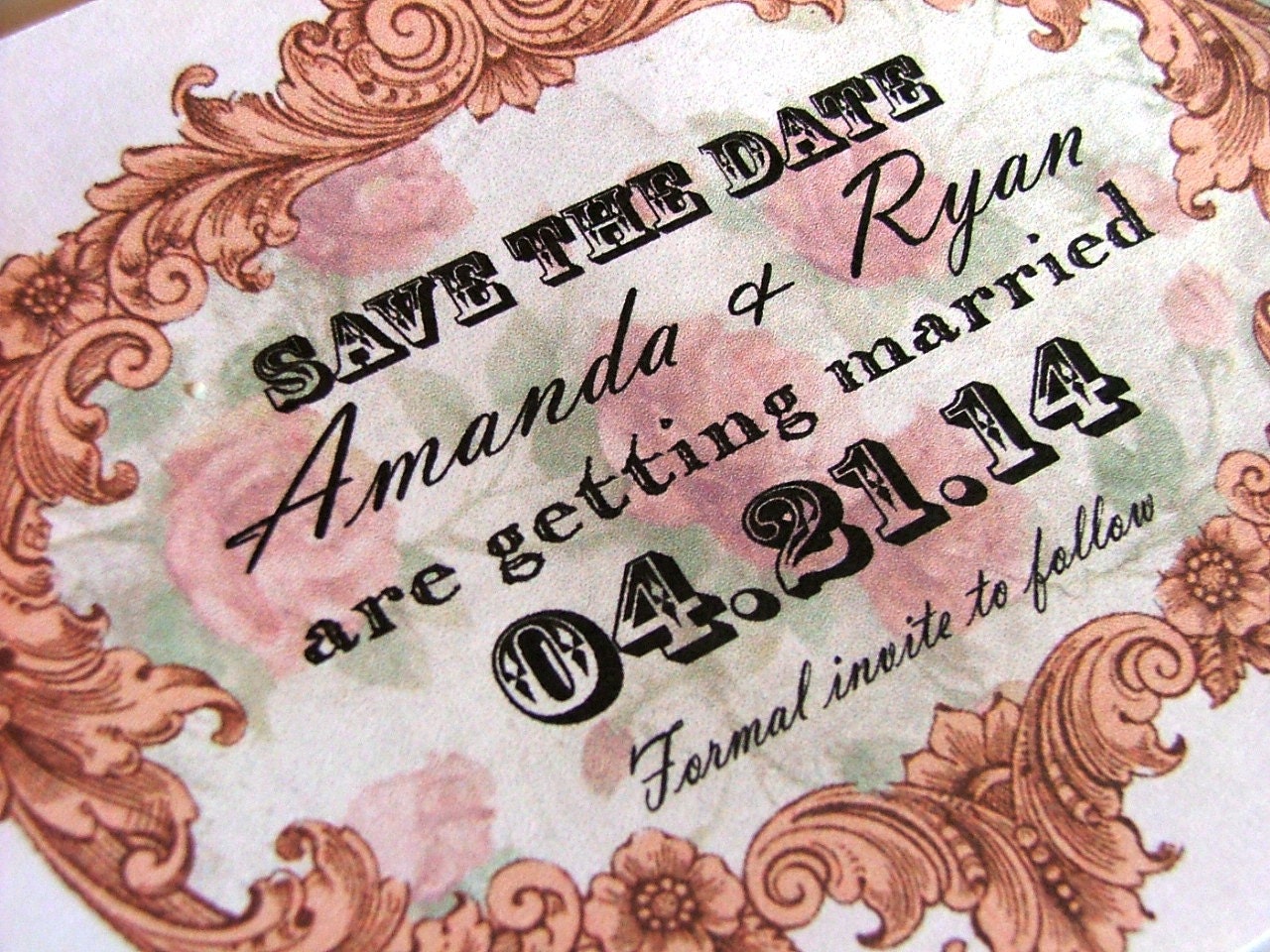 Newest Vintage Peach  Victorian Label Save the Date cards     deposit