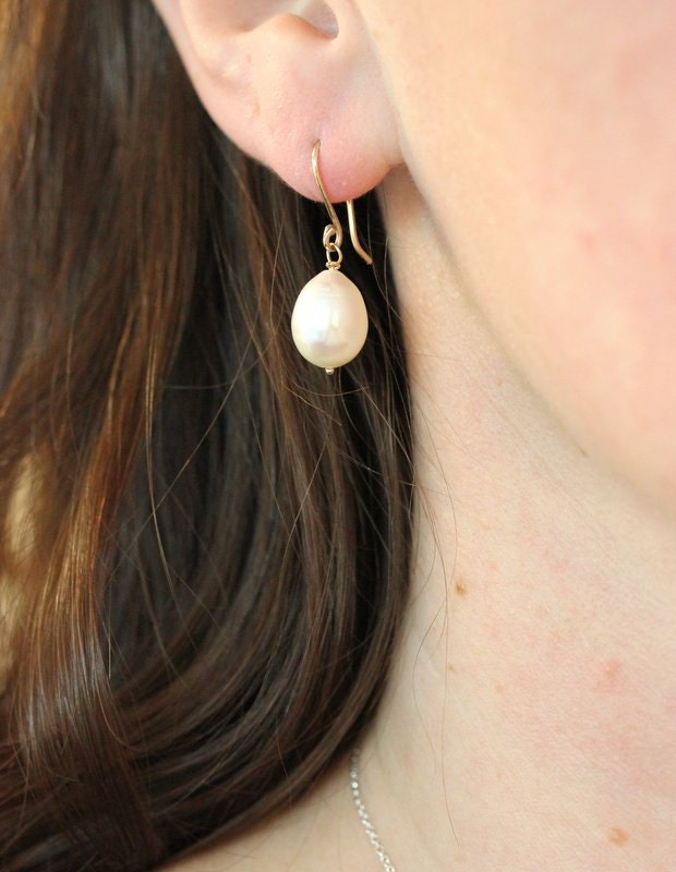 Freshwater Pearl and 14k Yellow Gold Dangle Drop Earrings, Ready To Ship